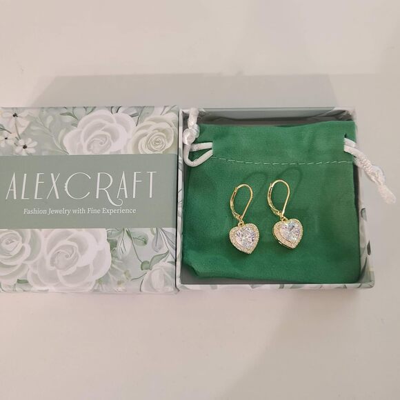 925 Sterling 14K Gold Plated Heart Cubic Zirconia Dangle Earrings - Picture 1 of 5